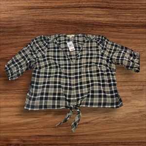 Michael Kors Plaid Tie-Front Top 2X Button Down 3/4 Sleeve‎ Blouse Shirt